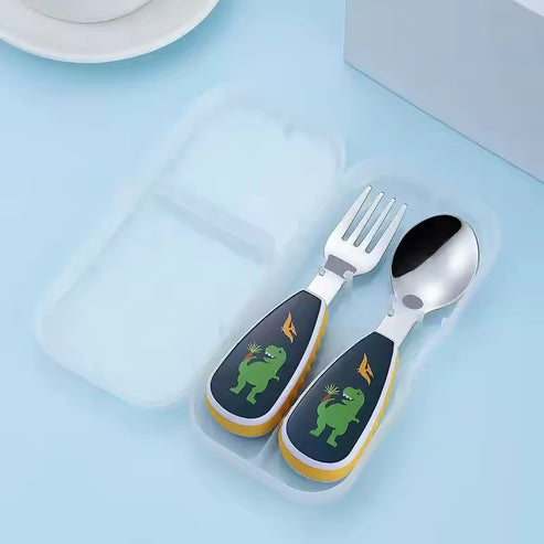 2PCS Toddler Utensil Set – Stainless Steel Dinosaur Spoon & Fork with Short Handle, Cute Cartoon Feeding Cutlery for Kids