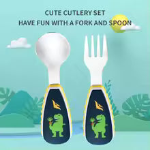 2PCS Toddler Utensil Set – Stainless Steel Dinosaur Spoon & Fork with Short Handle, Cute Cartoon Feeding Cutlery for Kids