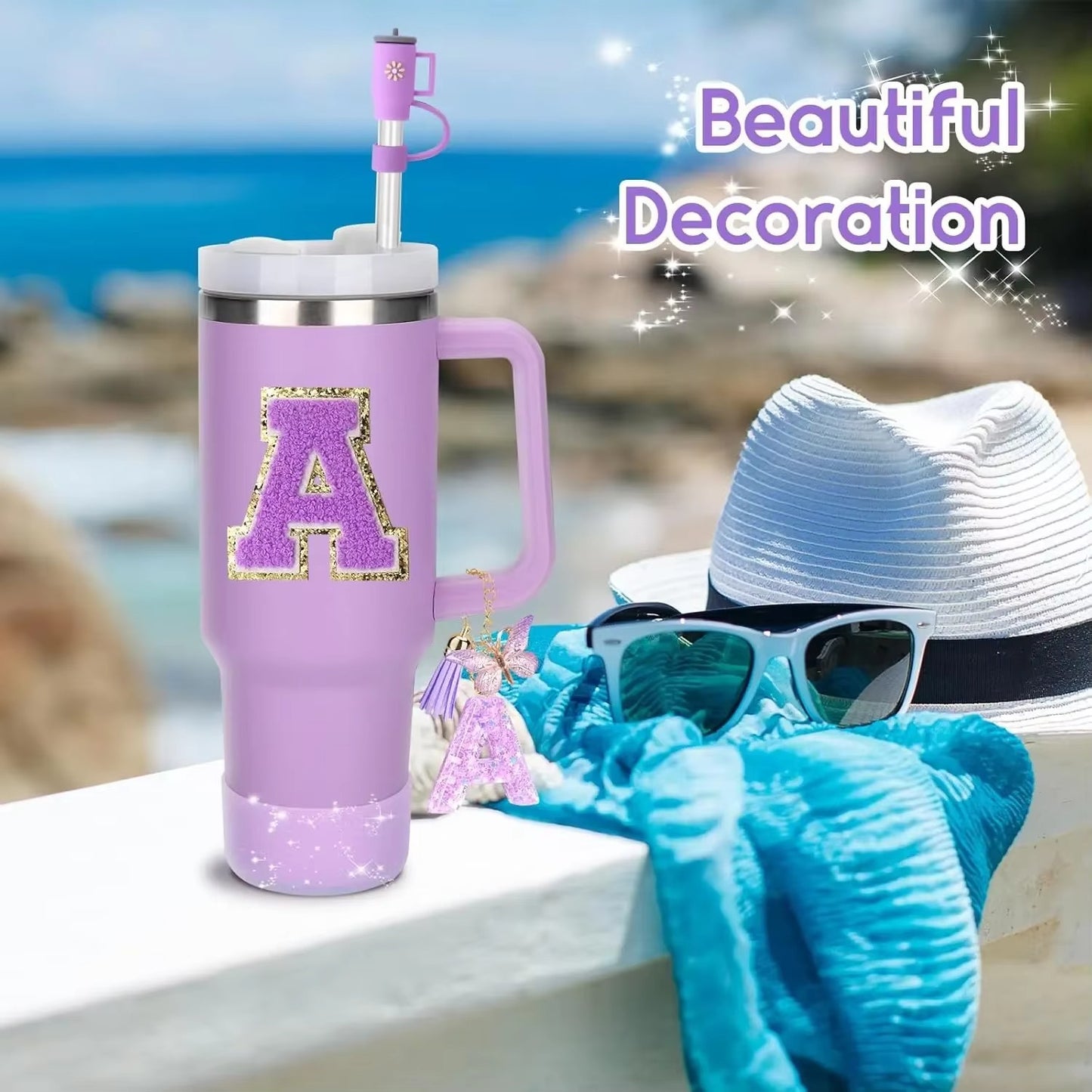 8PCS Tumbler Accessories Set Compatible with Stanley 30oz & 40oz – Silicone Straw Topper, Cup Boot Sleeve, Handle Charm & Initial Letter Stickers – Purple