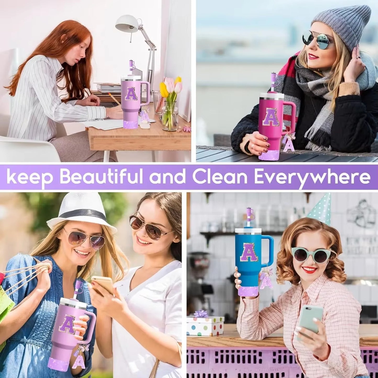 8PCS Tumbler Accessories Set Compatible with Stanley 30oz & 40oz – Silicone Straw Topper, Cup Boot Sleeve, Handle Charm & Initial Letter Stickers – Purple