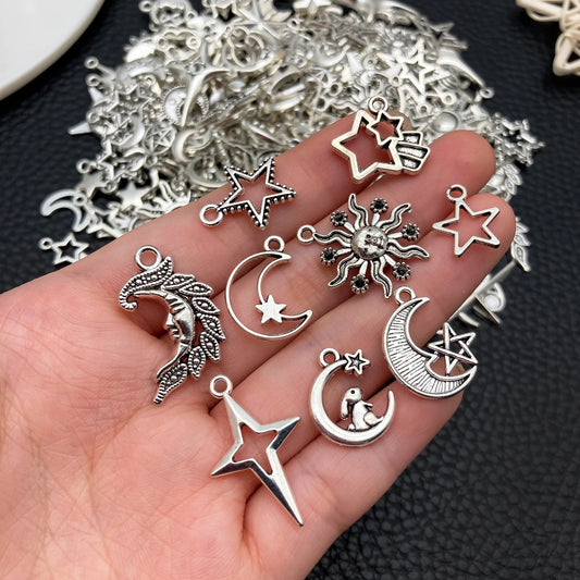 Mystical Celestial Charms – 20/50/100PCS Random Mix of Vintage Silver Stars, Moons & Suns for Witchy Jewelry & Boho DIY Crafts