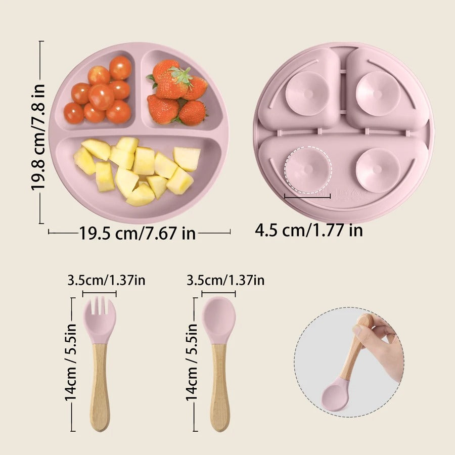 3PCS Silicone Baby Feeding Set – BPA-Free Children Tableware with Dinner Plate, Wooden Handle Spoon & Fork for Baby Self-Feeding