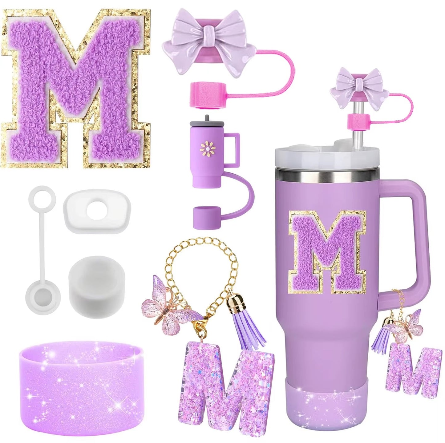8PCS Tumbler Accessories Set Compatible with Stanley 30oz & 40oz – Silicone Straw Topper, Cup Boot Sleeve, Handle Charm & Initial Letter Stickers – Purple